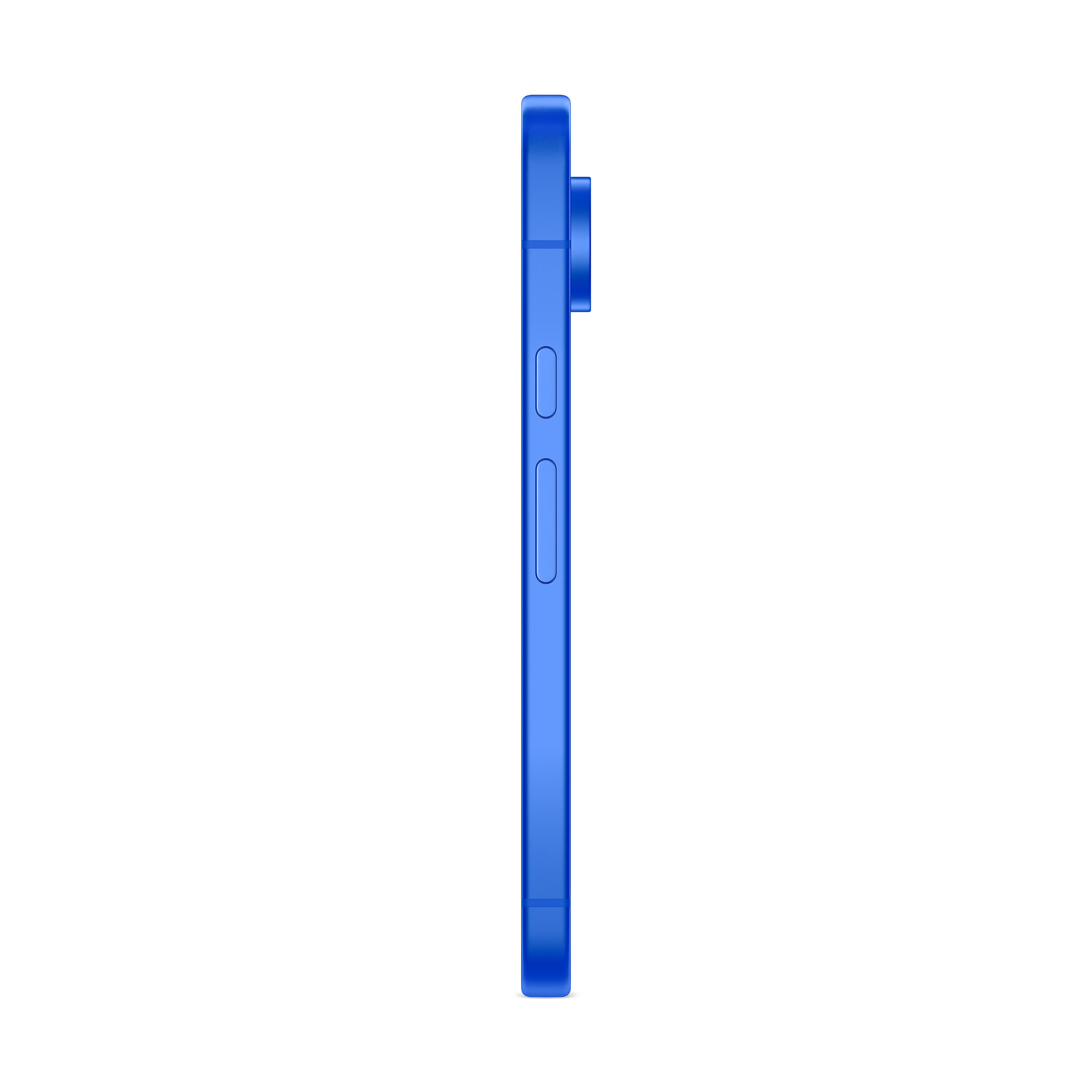 Seitenansicht eines blauen Smartphones vor weißem Hintergrund. Knöpfe sind an der Seite sichtbar.