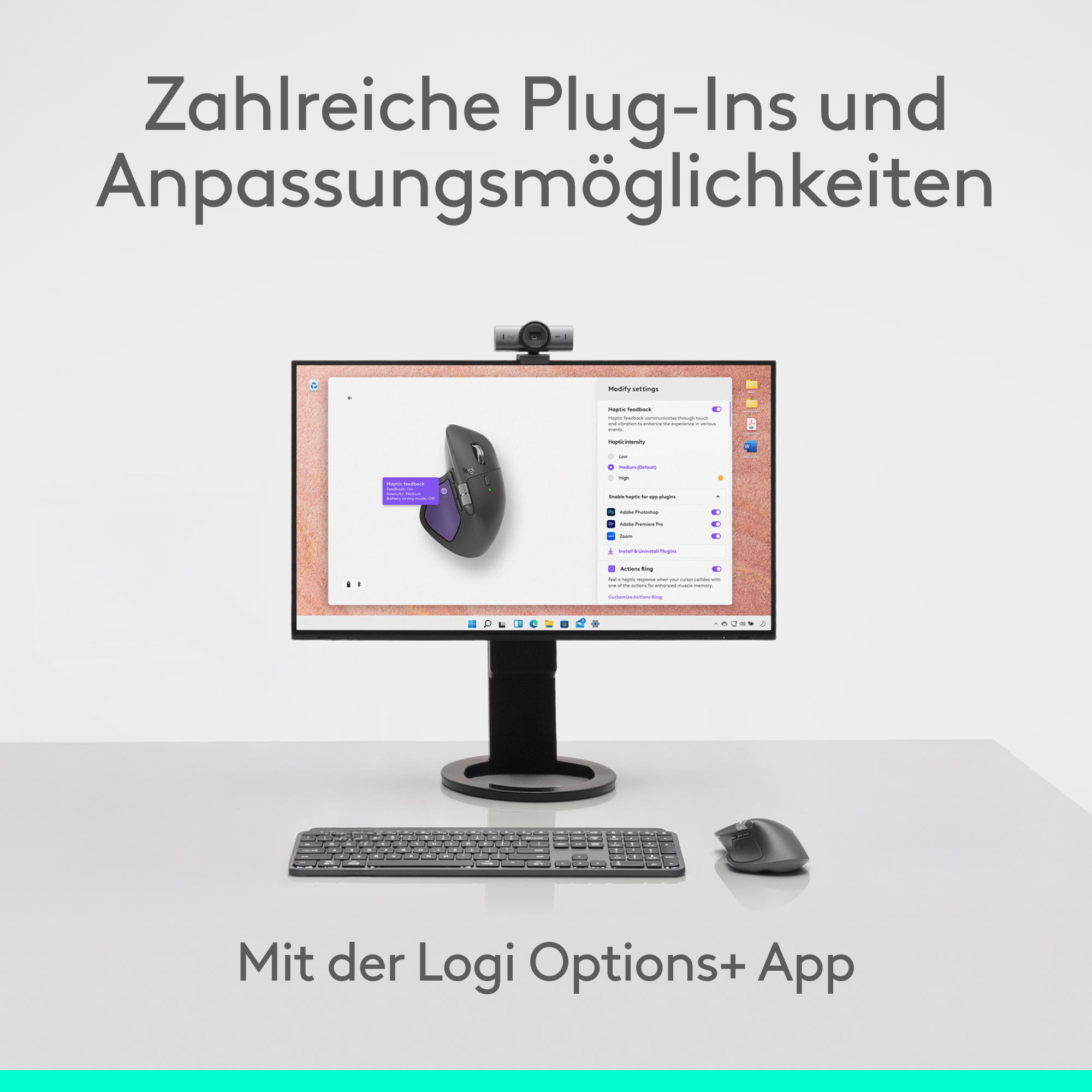 Ein Computer-Setup mit einem Bildschirm, der Einstellungen für Maus, Tastatur und Webcam anzeigt, sowie die Logi Options+ App.