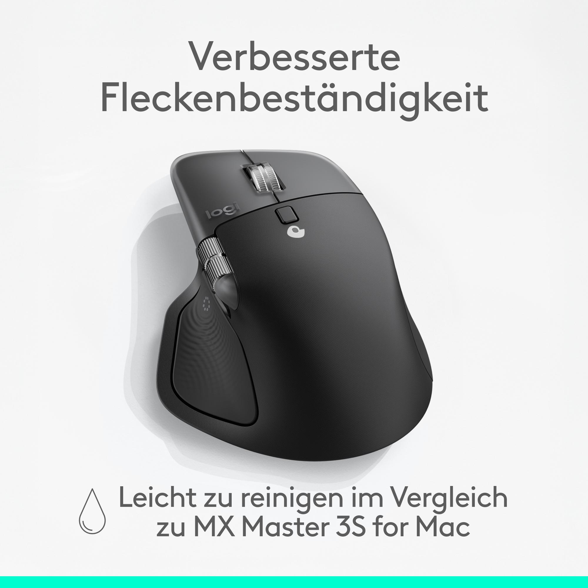 Schwarze Logitech-Maus auf weißem Hintergrund. Text auf Deutsch beschreibt Fleckenbeständigkeit und einfache Reinigung.