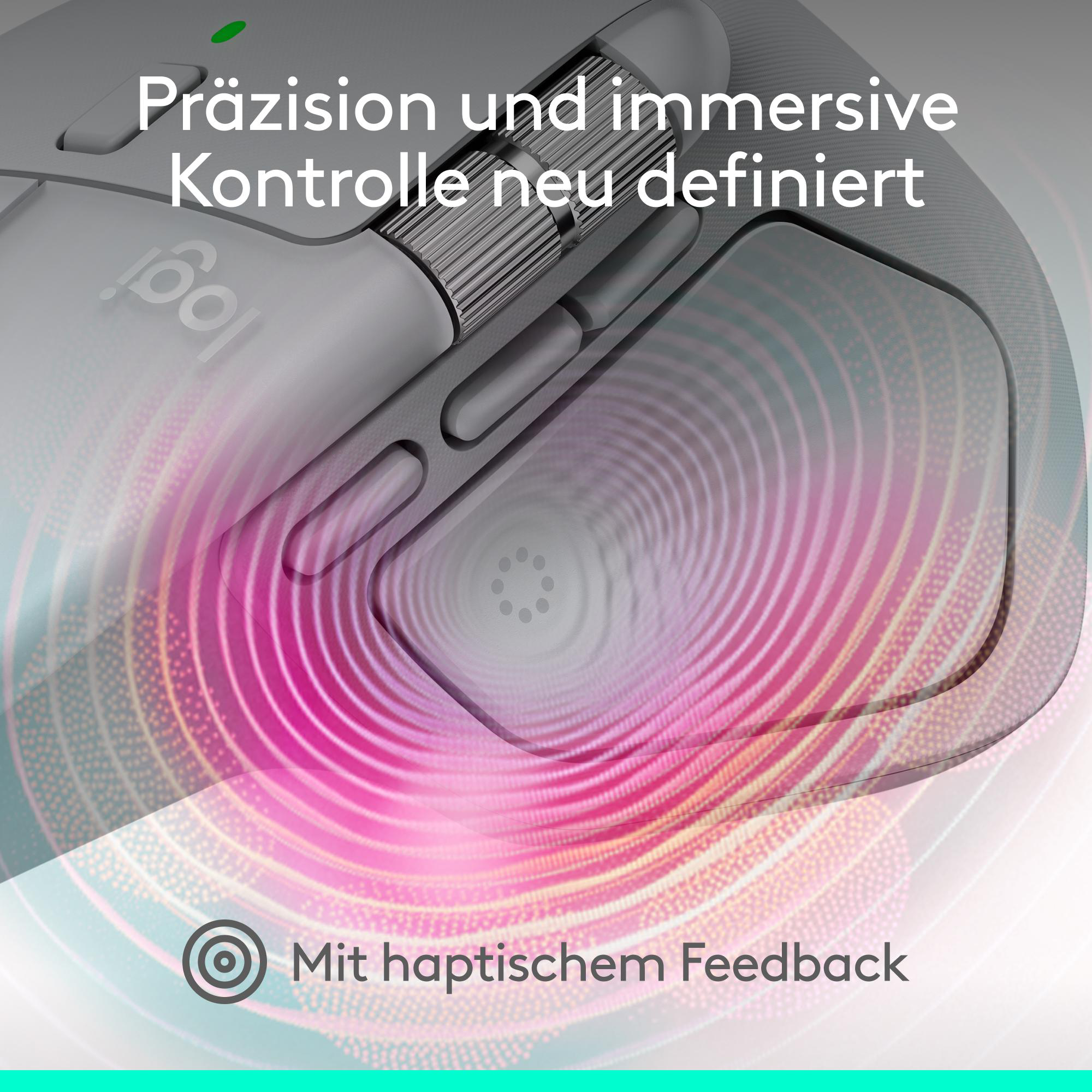 Eine Computermaus mit einem Design mit rosa und weißen Farbverläufen, mit dem Logitech-Logo und Text auf Deutsch.