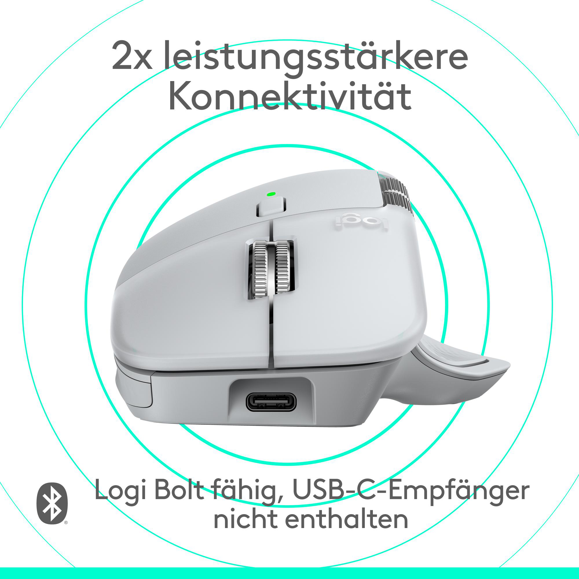 Eine weiße Logitech-Maus mit einem Scrollrad und Text, der ihre Funktionen und Konnektivität anzeigt.