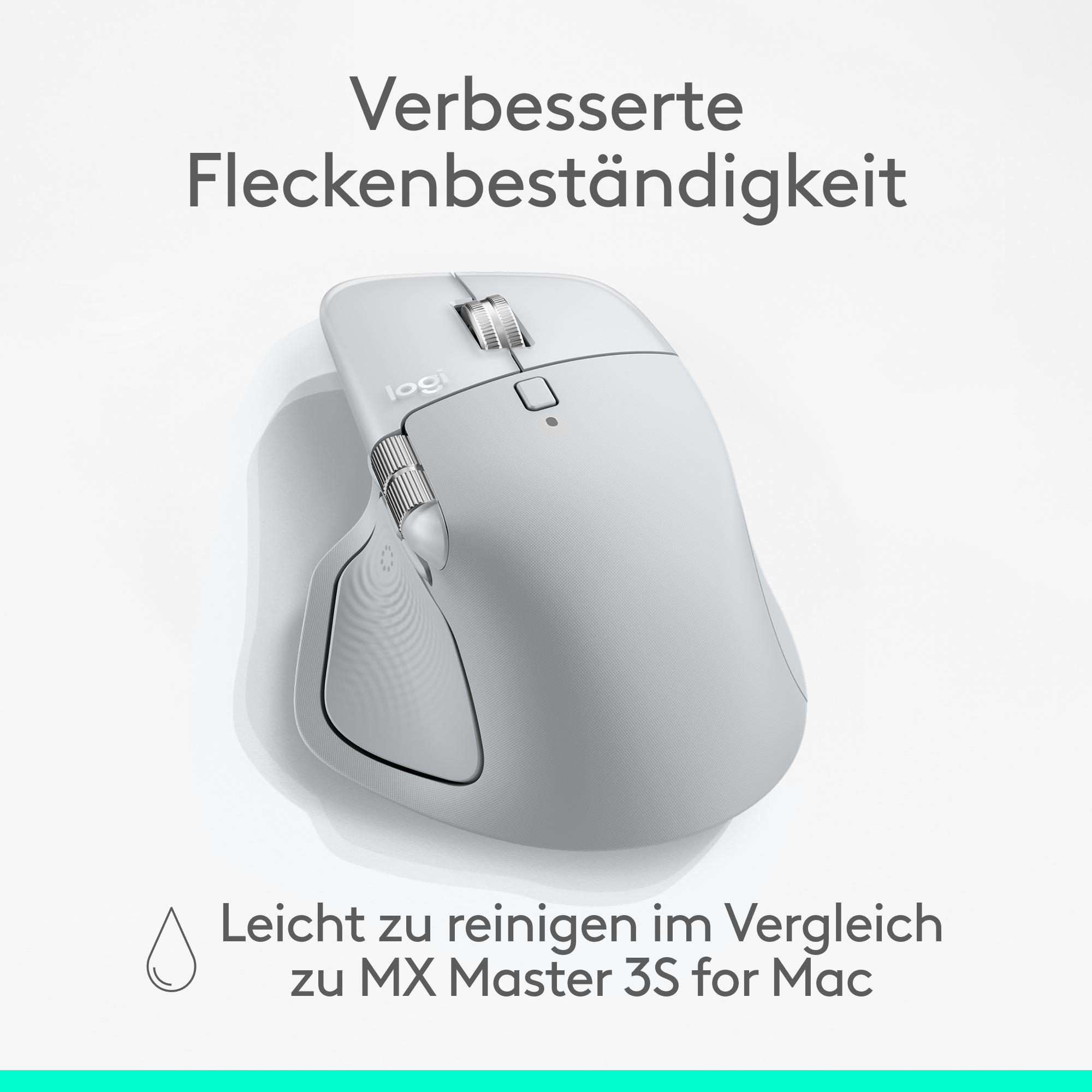 Eine weiße Logitech-Maus auf weißem Hintergrund. Text lautet 'Verbesserte Fleckenbeständigkeit' und 'Leicht zu reinigen im Vergleich zu MX Master 3S for Mac'.