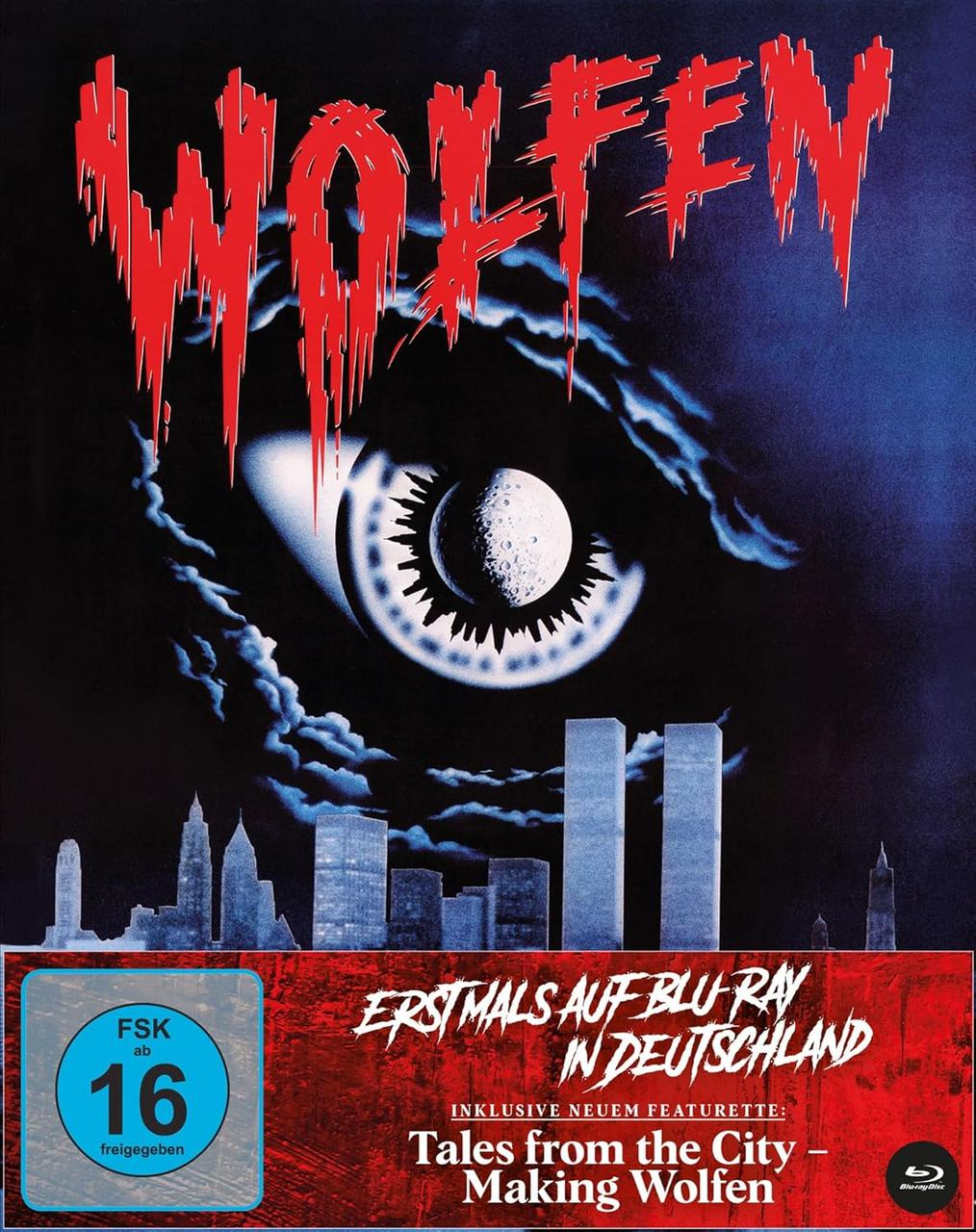 Filmposter für Wolfen. Großer roter Titel über einem Auge. Skyline der Stadt unten. Text sagt 'Erstmals auf Blu-Ray in Deutschland'.