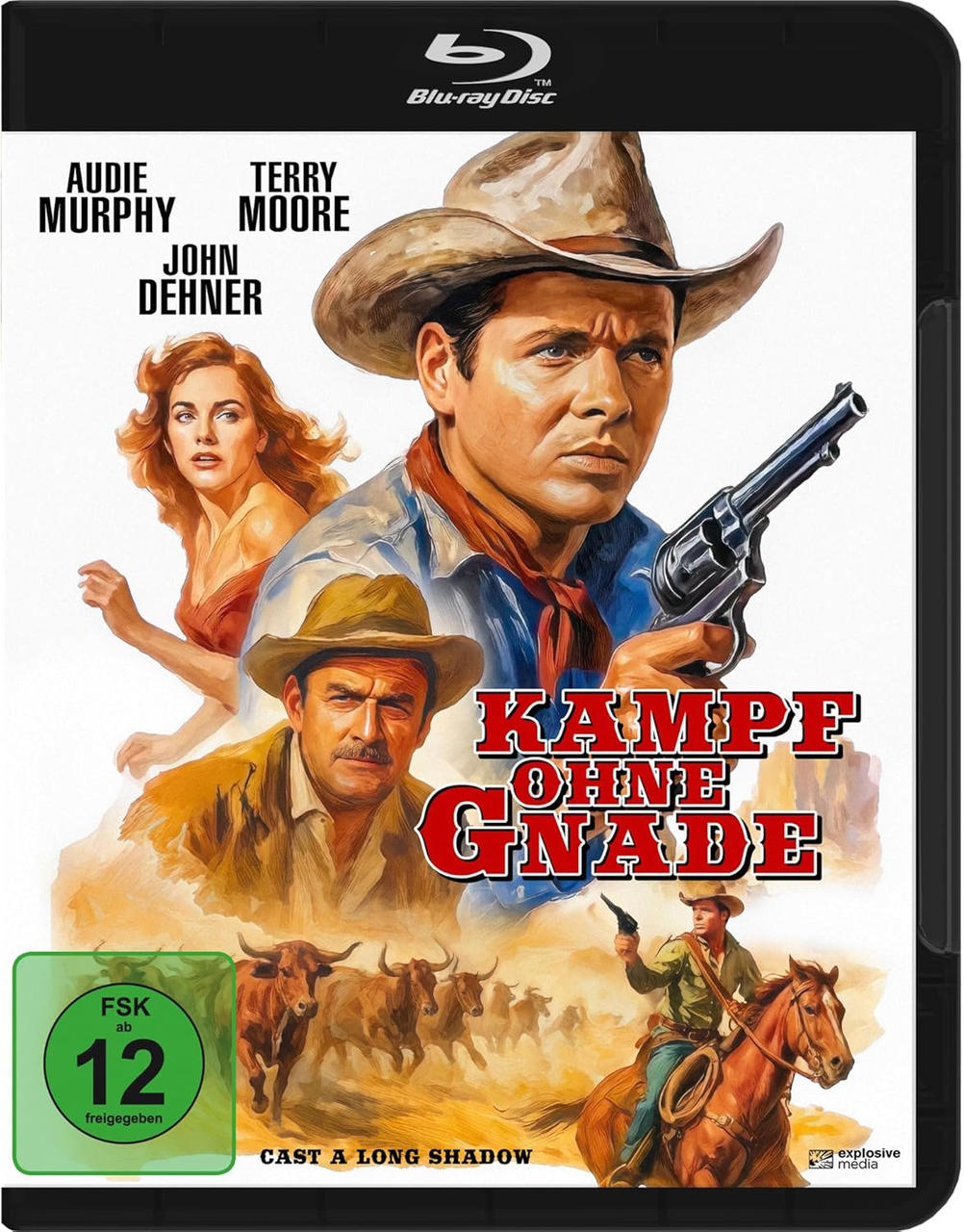Filmposter. Ein Cowboy hält eine Pistole. Andere Charaktere und Rinder sind dargestellt. Der deutsche Titel 'Kampf ohne Gnade' ist sichtbar.