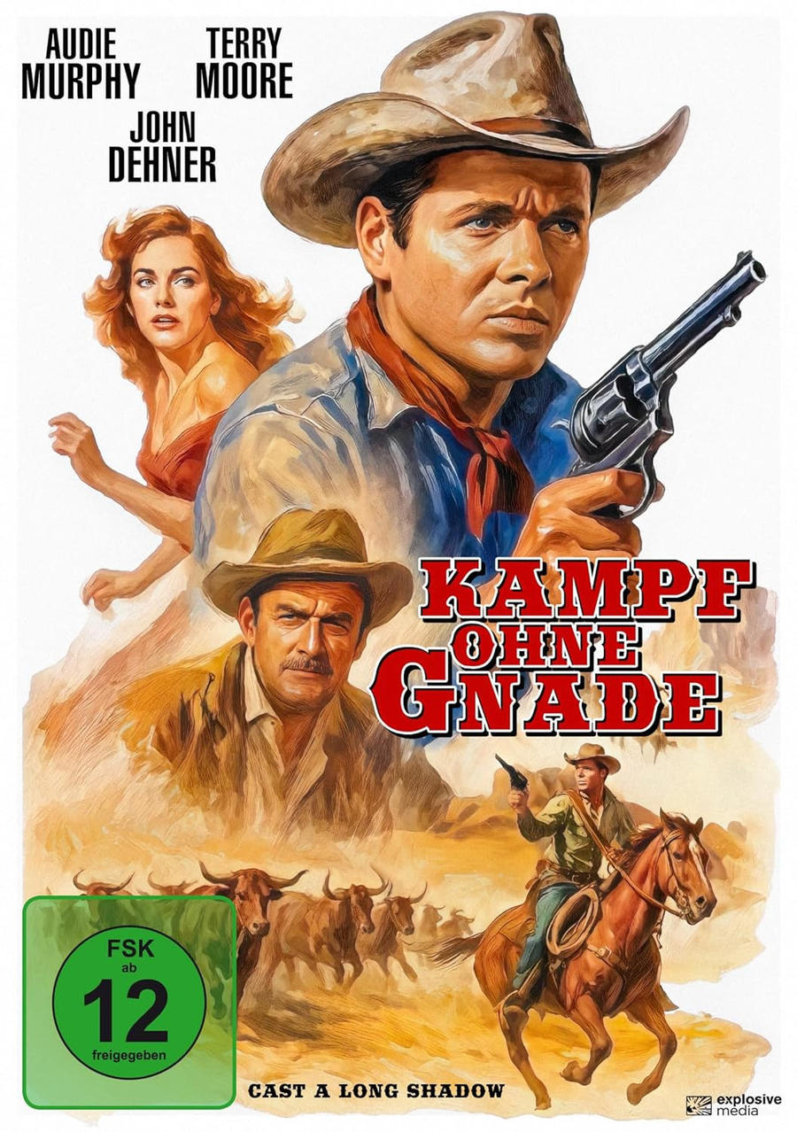 Filmplakat. Ein Cowboy hält eine Waffe. Andere Schauspieler und eine Frau sind ebenfalls zu sehen. Der Titel ist auf Deutsch.