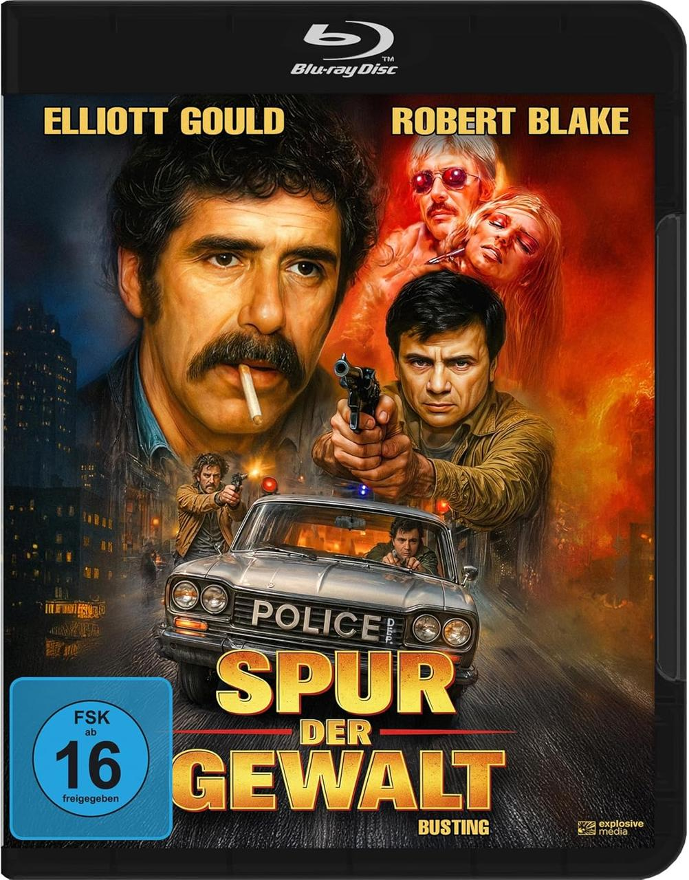 Filmcover mit Schauspielern, einem Auto und dem Titel 'SPUR DER GEWALT'. Ein Mann mit Schnurrbart raucht. Andere halten Waffen.