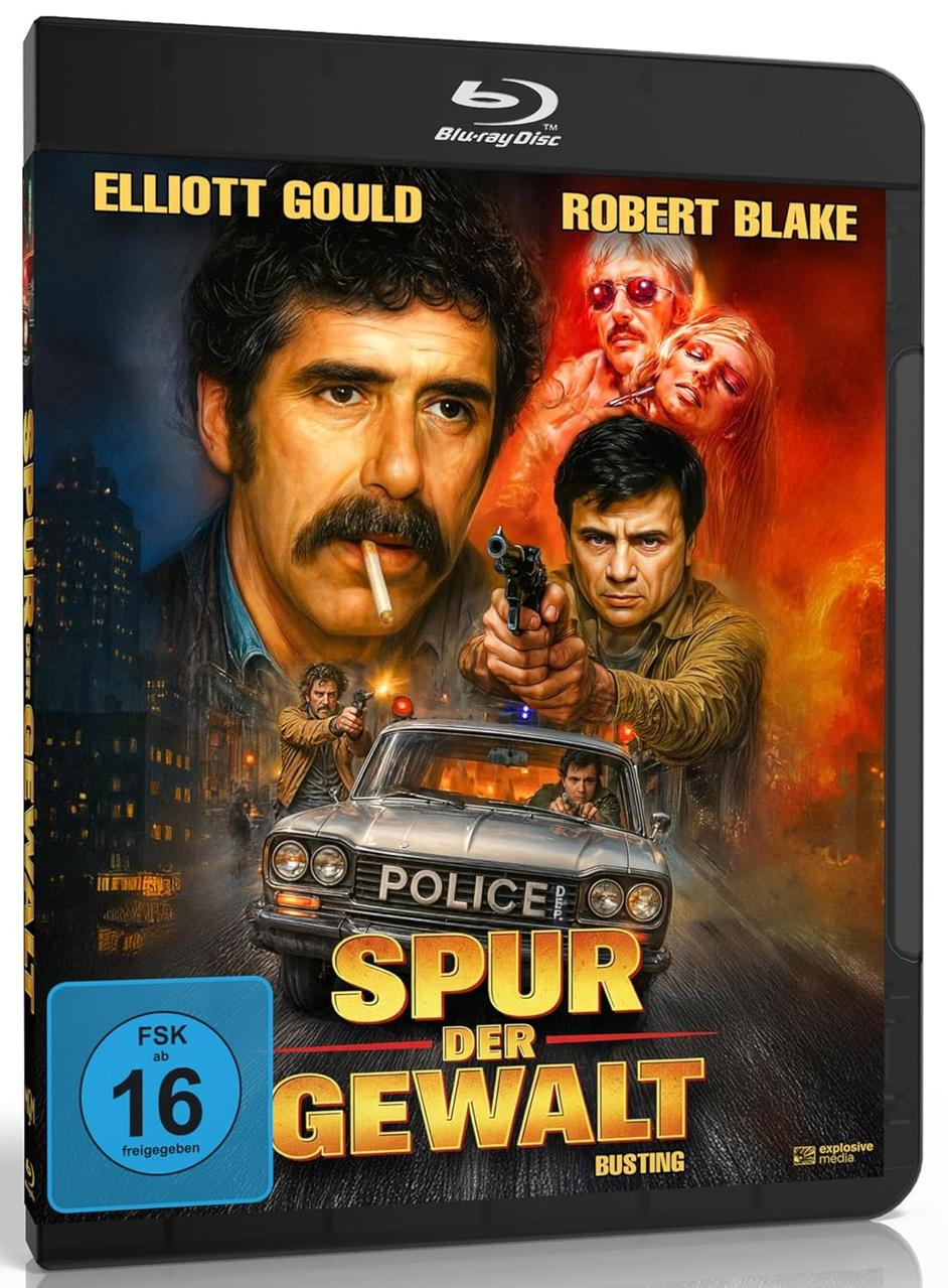 Blu-ray-Cover. Männer mit Waffen, Auto und Filmtitel "SPUR DER GEWALT". Schauspieler: Elliott Gould, Robert Blake.