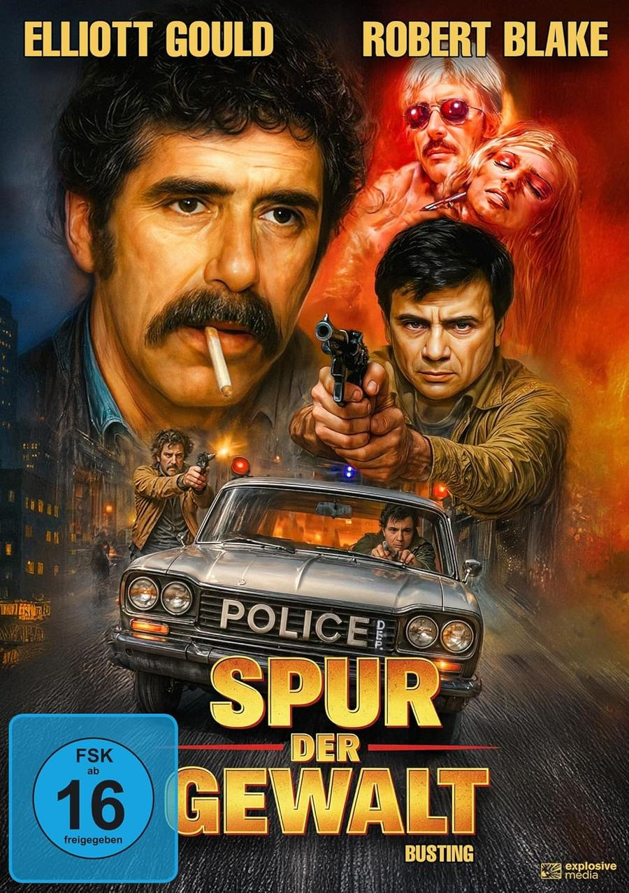Filmposter mit Schauspielern, einem Polizeiauto und dem deutschen Titel 'Spur der Gewalt'. Schauspieler zielen mit Waffen. Das Poster ist im Vintage-Stil gehalten.