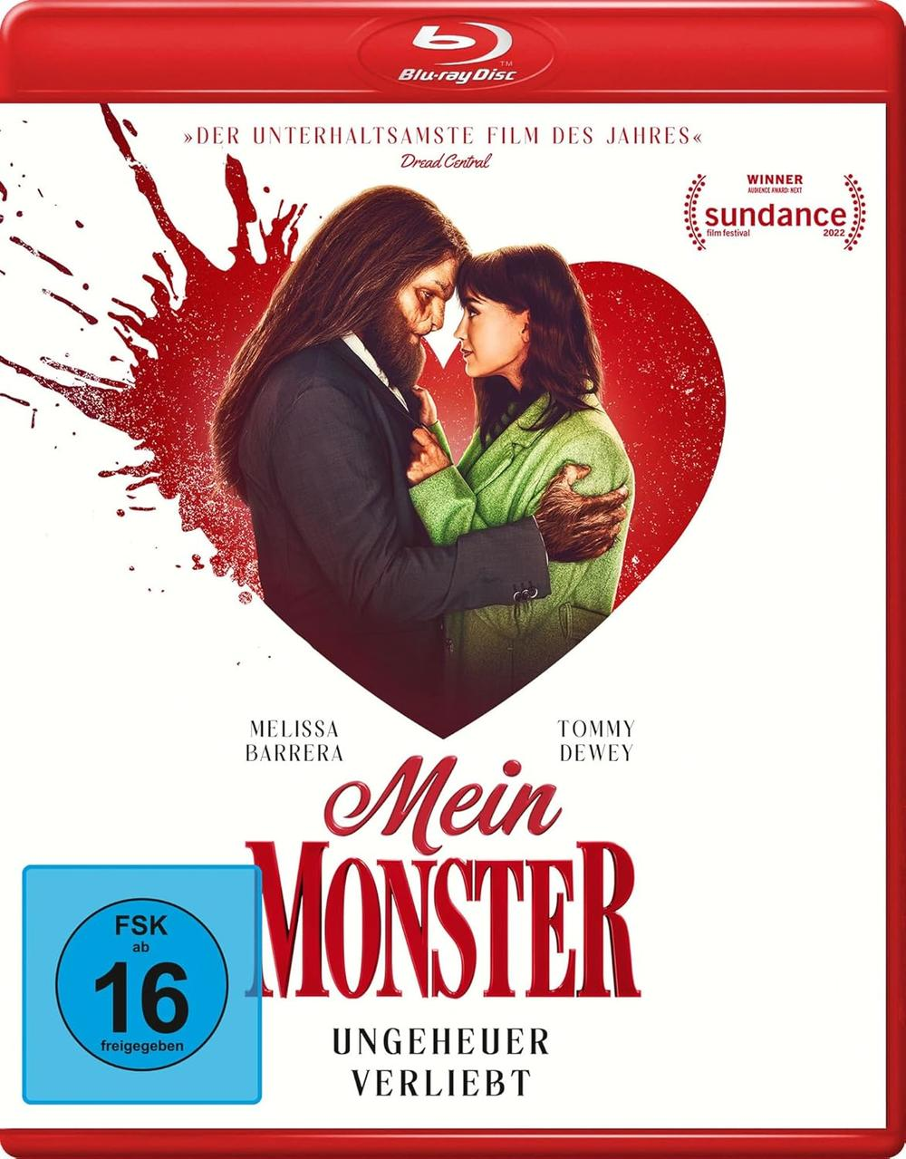Filmplakat: Ein Mann und eine Frau umarmen sich. Titel: Mein Monster. Roter Herz-Hintergrund. Blu-ray Disc Logo. FSK 16.