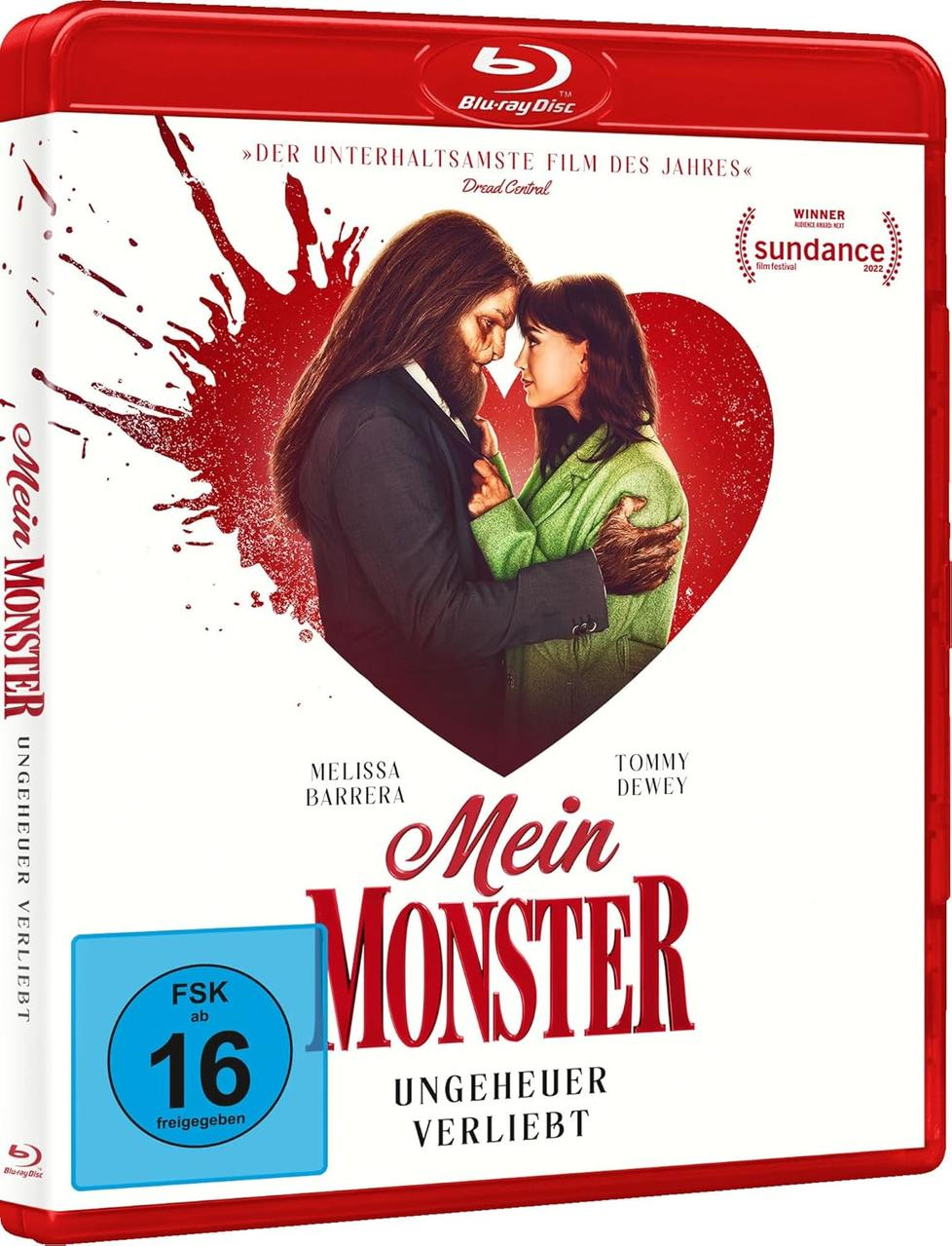 Blu-ray-Cover von 'Mein Monster' mit einem sich umarmenden Paar, Blutspritzern und Text auf Deutsch. Enthält das Sundance Film Festival-Gewinnersiegel.