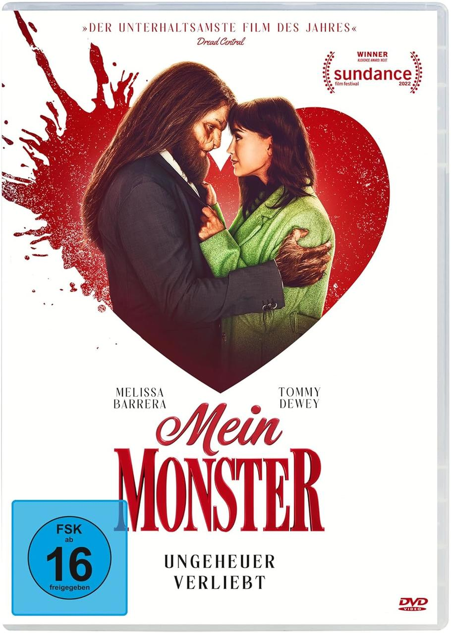 Filmplakat für Mein Monster. Ein Mann mit Bart und eine Frau umarmen sich. Roter herzförmiger Hintergrund.