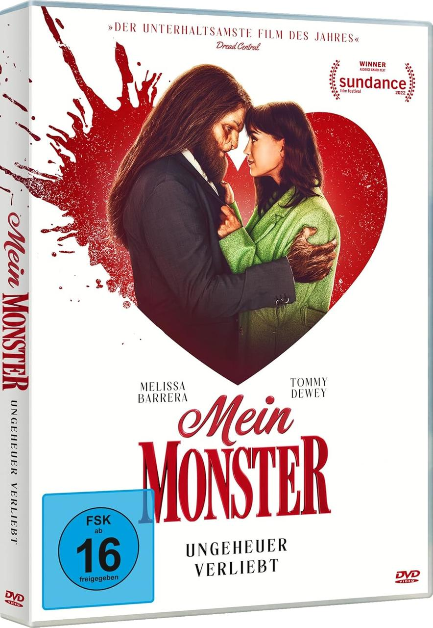 DVD-Cover von 'Mein Monster'. Es zeigt ein Monster und eine Frau, die sich umarmen. Rote Herzform und Text auf Deutsch sind sichtbar.