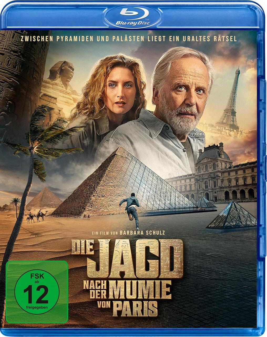 Blu-ray-Cover: Schauspieler, Pyramiden, Eiffelturm und Pyramiden. Titel: Die Jagd nach der Mumie von Paris.