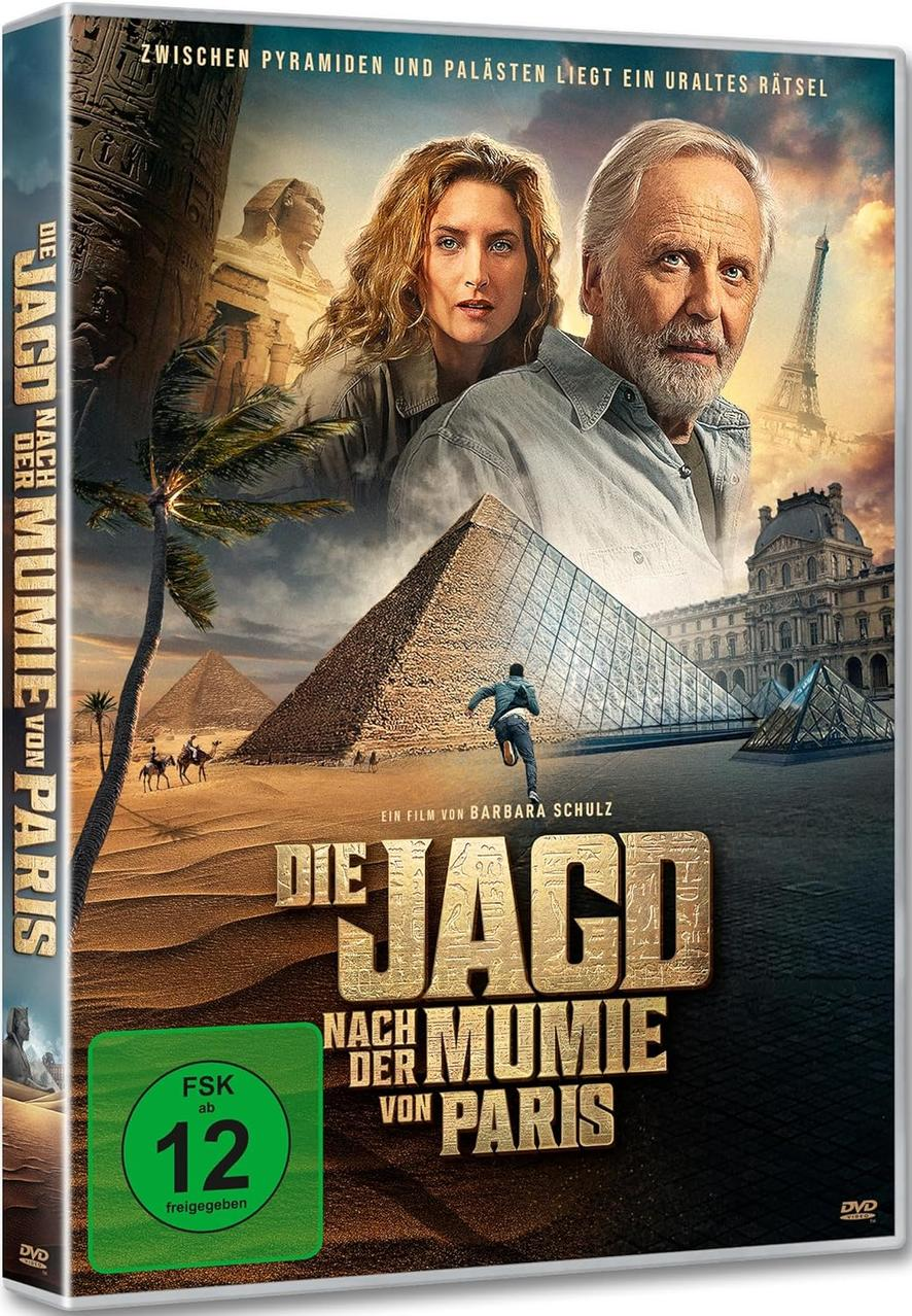 DVD-Cover: Mann und Frau, Pyramiden, Eiffelturm. Titel: Die Jagd Nach Der Mumie Von Paris. Bewertung: FSK 12.