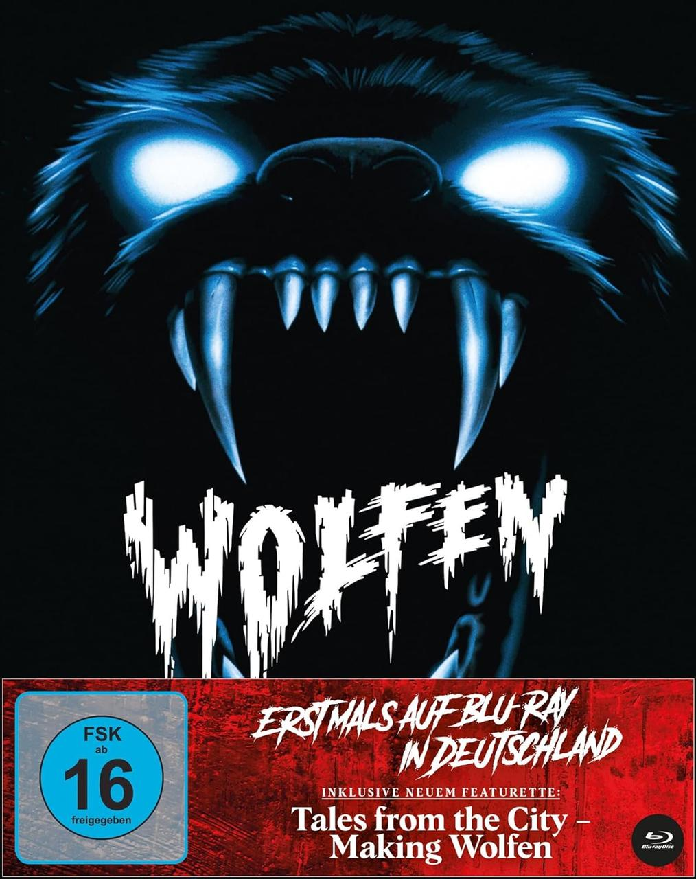 Ein Filmcover zeigt das Gesicht eines Wolfes mit leuchtenden Augen und scharfen Zähnen. Der Titel "Wolfen" ist prominent dargestellt.