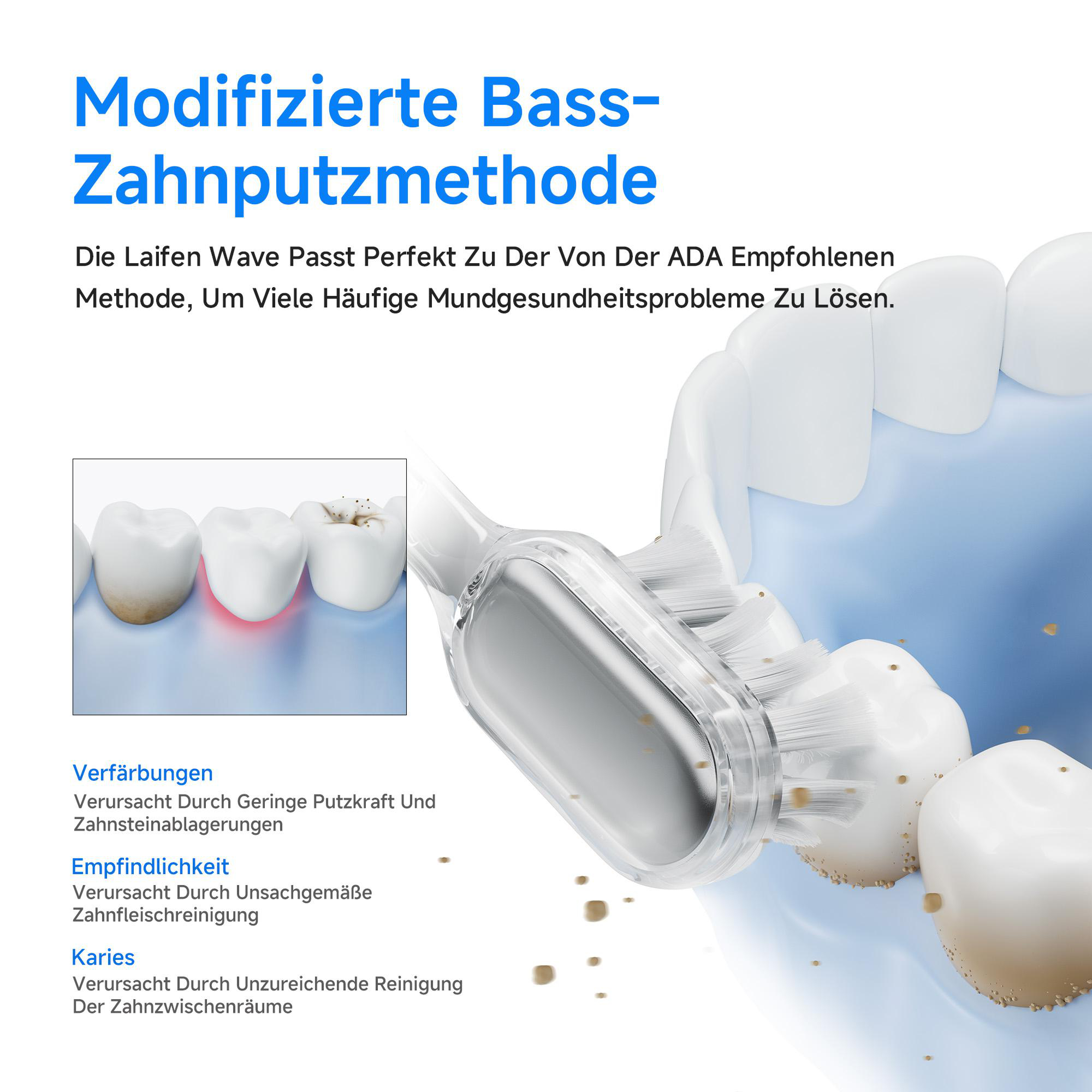 Eine Zahnbürste reinigt Zähne mit Flecken und ein Diagramm von Zähnen mit Problemen. Deutscher Text erklärt die Methode.