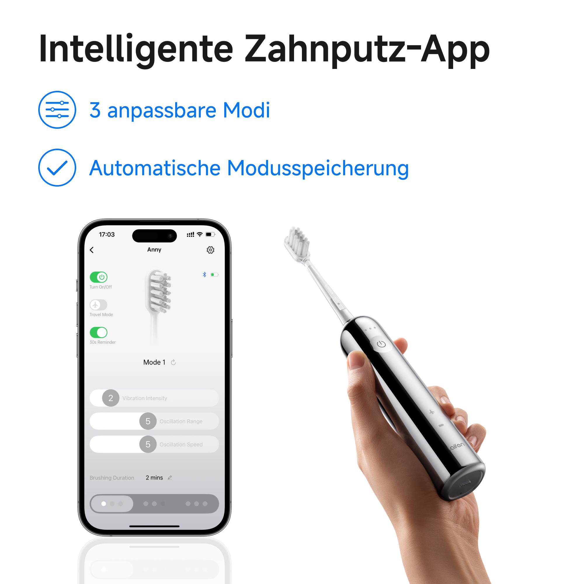 Eine elektrische Zahnbürste in einer Hand, mit einem Smartphone, das ihre Einstellungen und Funktionen zeigt, und Text über die App.