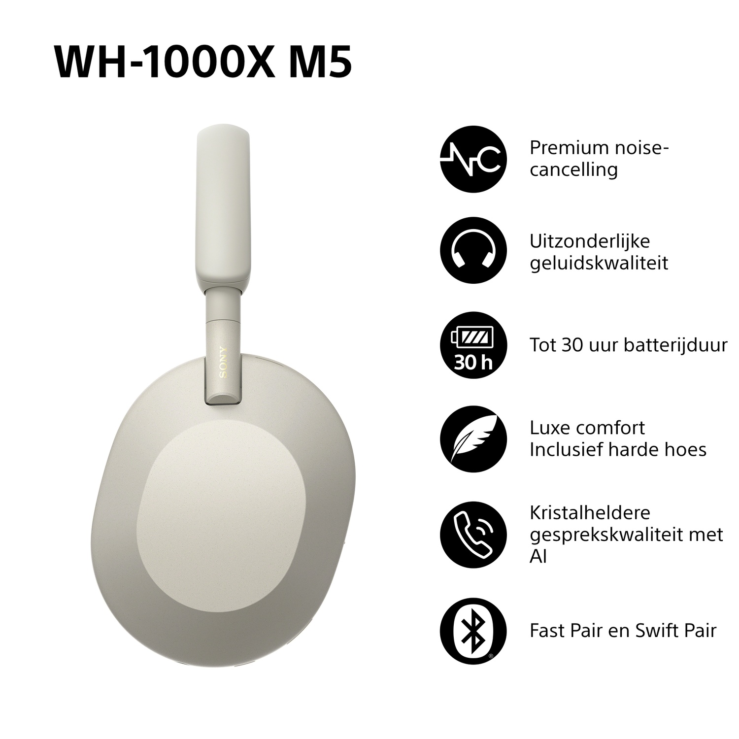 Casque beige Sony WH-1000XM5. Fonctions: annulation du bruit, longue durée de vie de la batterie et qualité d'appel claire.