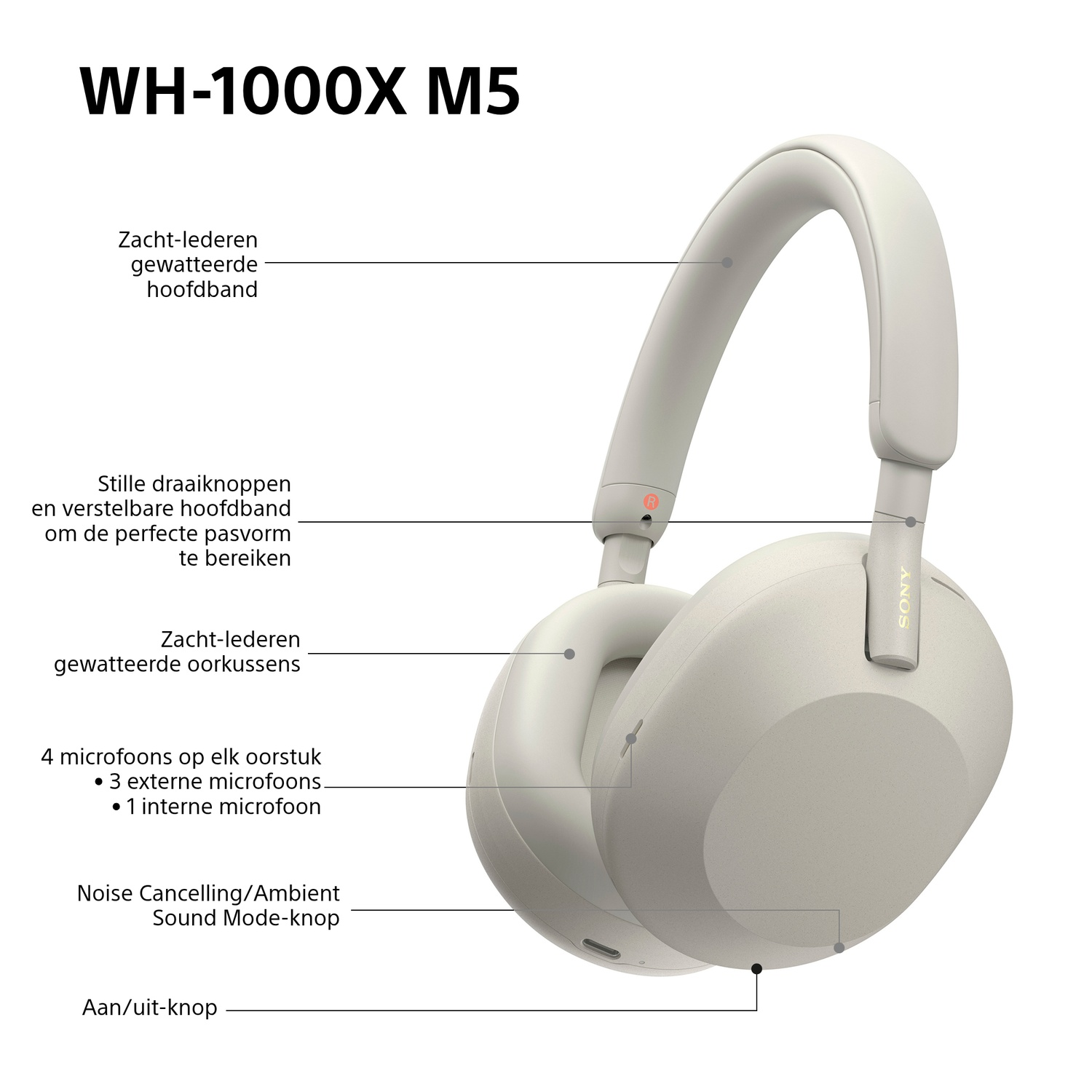 Casque beige Sony WH-1000XM5. Caractéristiques : coussinets doux, bandeau réglable, suppression du bruit et boutons.