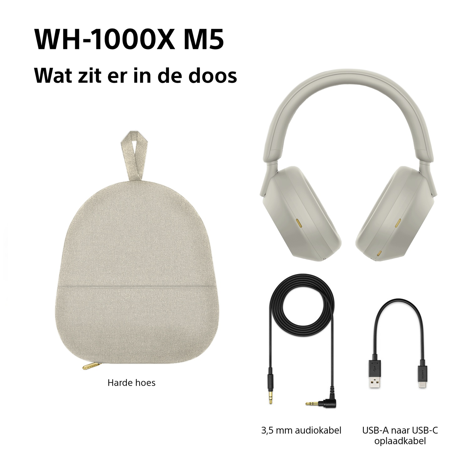L'image montre le casque WH-1000XM5, un étui rigide, un câble audio 3,5 mm et un câble de charge USB-A vers USB-C. Le tout sur fond blanc.