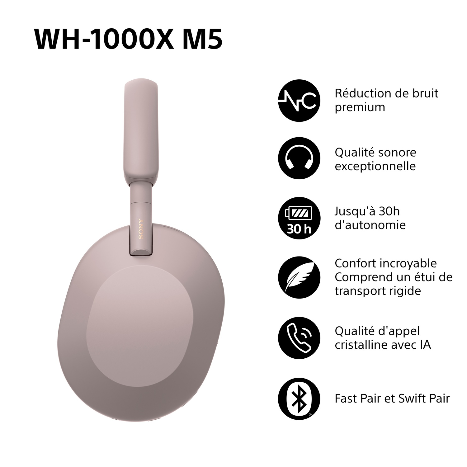 Un casque Sony WH-1000XM5 violet clair. Les caractéristiques incluent la réduction du bruit, une qualité sonore exceptionnelle, 30h de batterie et un ajustement confortable.