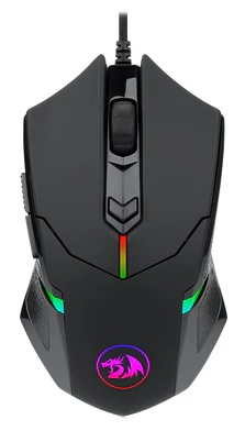 Czarna mysz do gier z kablem. Ma wiele przycisków, podświetlane logo i kolorowe światła. Tło jest białe.