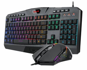 Czarny zestaw klawiatury i myszy dla graczy z podświetleniem RGB. Klawiatura posiada klawisze multimedialne. Mysz jest ergonomiczna.