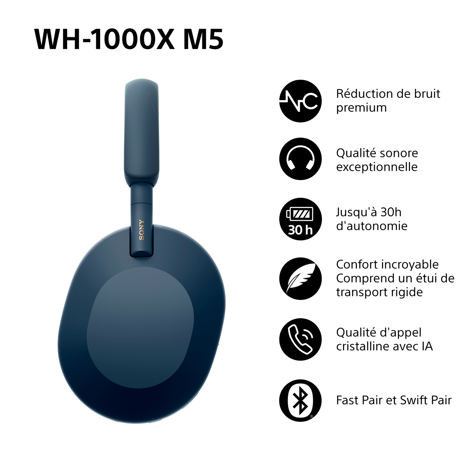 Blue Sony WH-1000XM5 headphones. Features include noise cancellation, exceptional sound, 30h battery, and fast pairing.