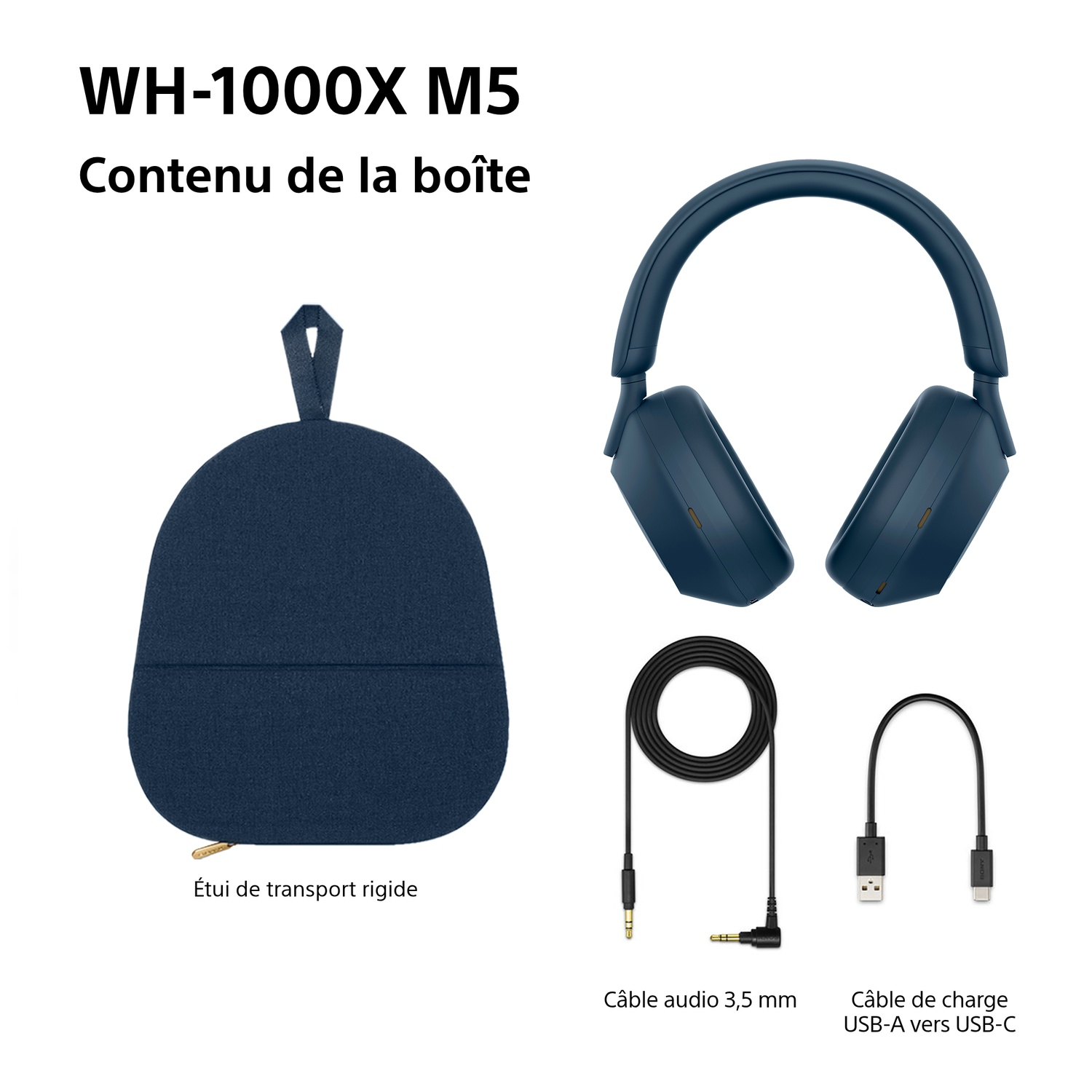Image shows Sony WH-1000XM5 headphones, a carrying case, an audio cable, and a USB-A to USB-C charging cable, all in a white background.