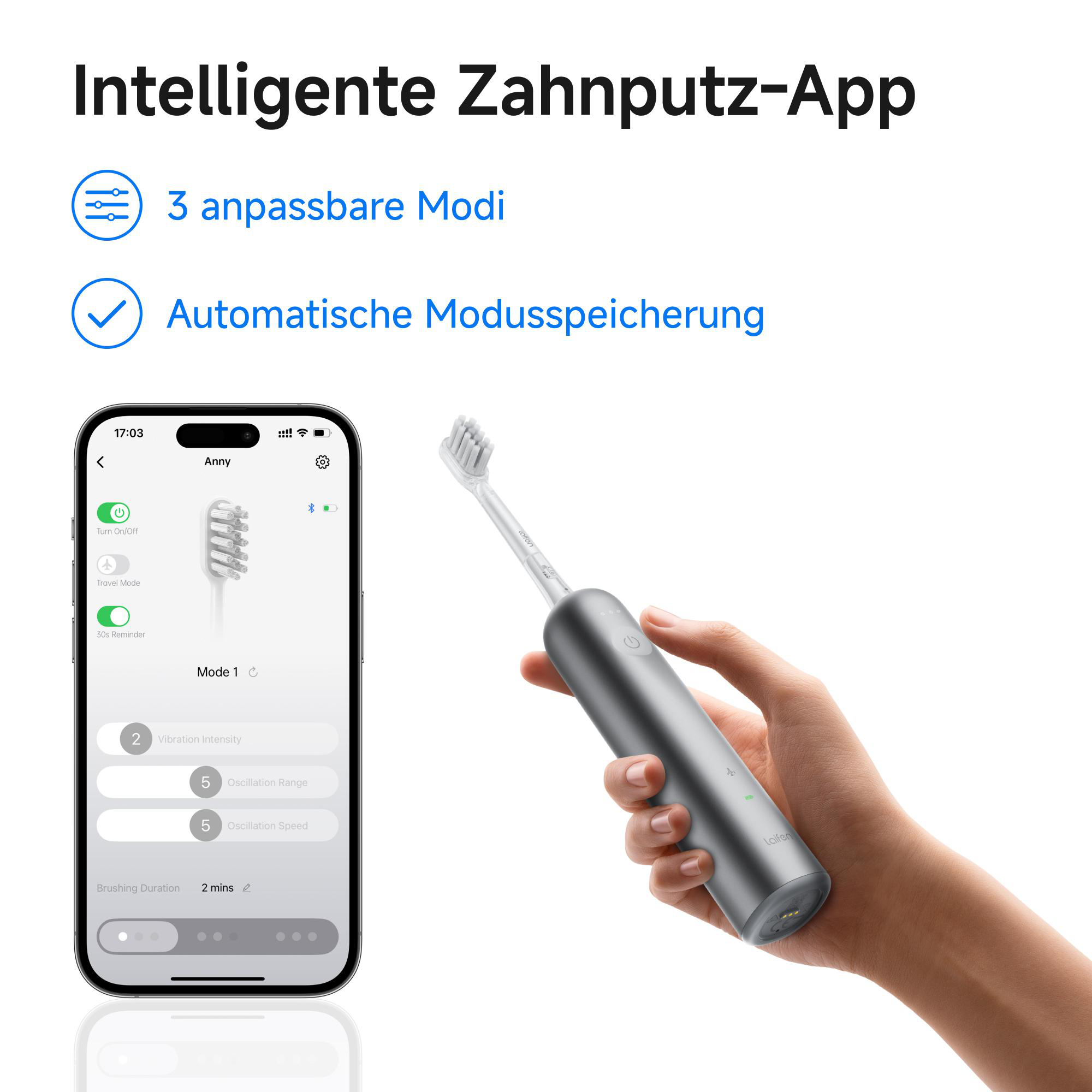 Eine Hand hält eine graue elektrische Zahnbürste. Ein Telefon zeigt die App mit Einstellungen und einer Zahnbürstenskizze.