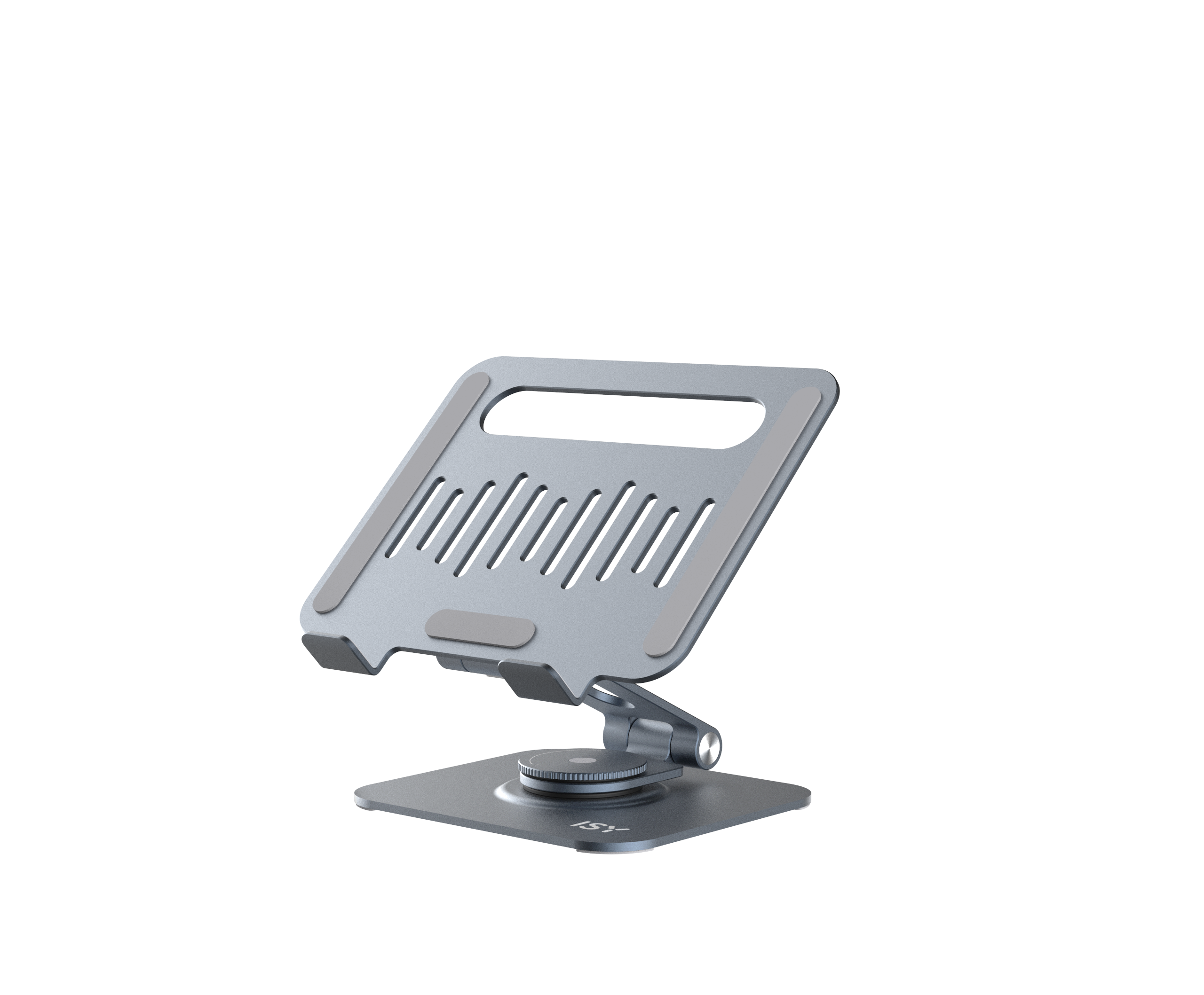 Srebrny stojak na laptopa na czarnym tle. Ma podstawę, mechanizm pochylania i platformę ze szczelinami i podkładkami.