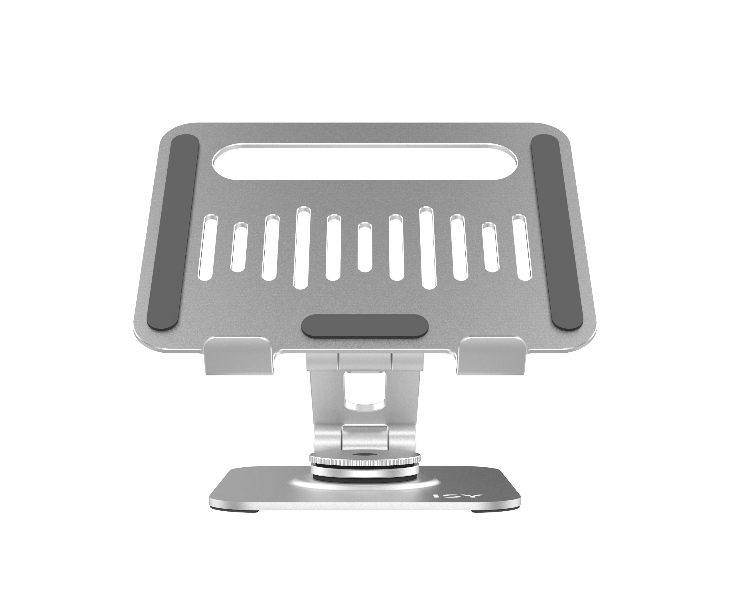 Srebrny stojak na tablet na czarnym tle. Posiada podstawę, regulowane ramię i uchwyt na tablet.