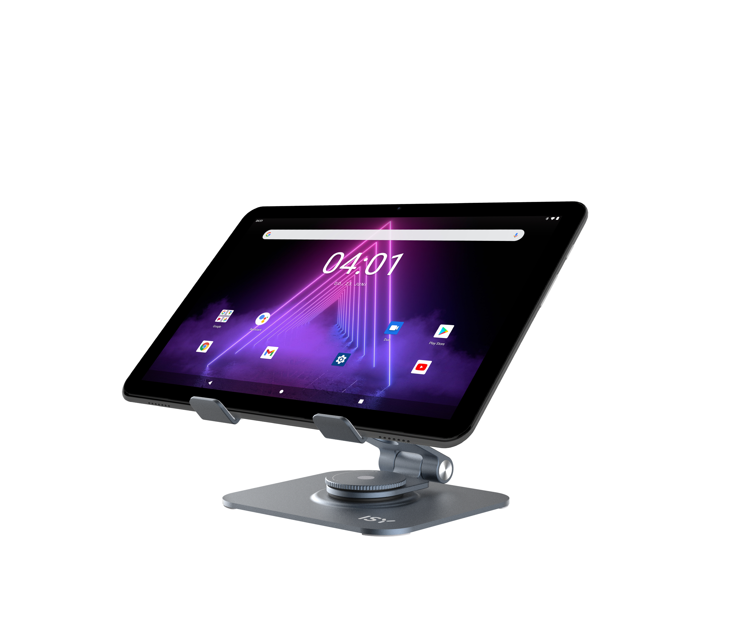 Tablet z godziną 04:01 stoi na podstawce. Tło jest czarne. Podstawka jest szara.