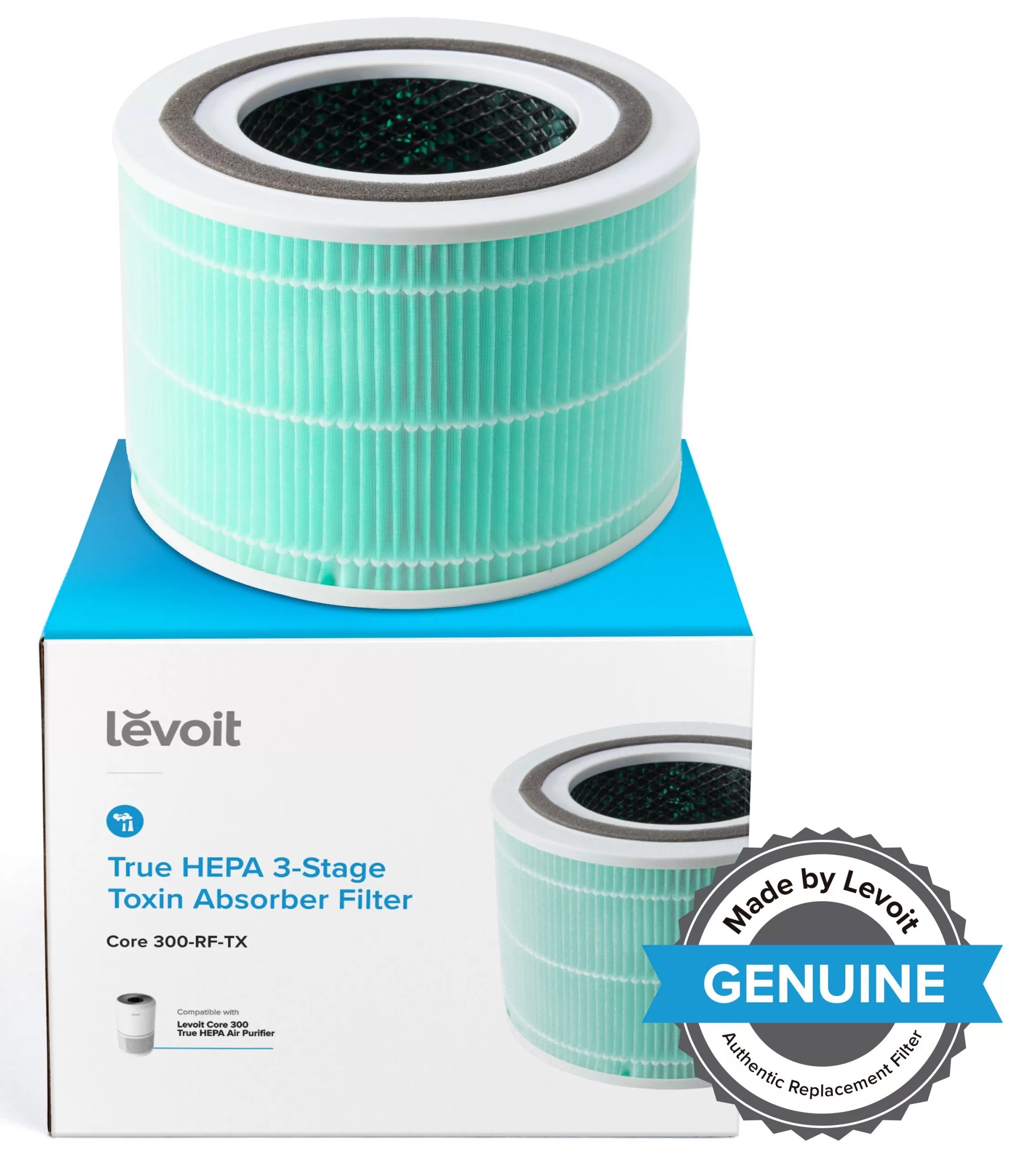 Filtr powietrza o cylindrycznym kształcie, w kolorach jasnoniebieskim i białym, wraz z pudełkiem produktu.