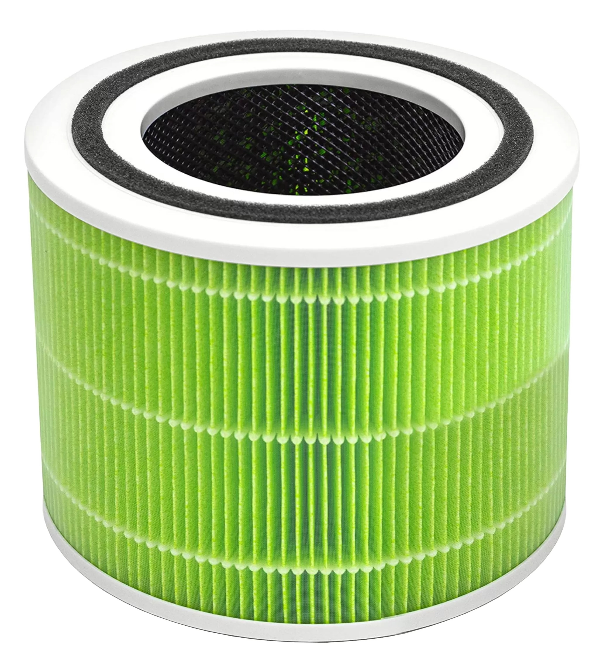 Zielony cylindryczny filtr powietrza z białymi krawędziami, czarną siatką wewnątrz i czarnym pierścieniem piankowym.