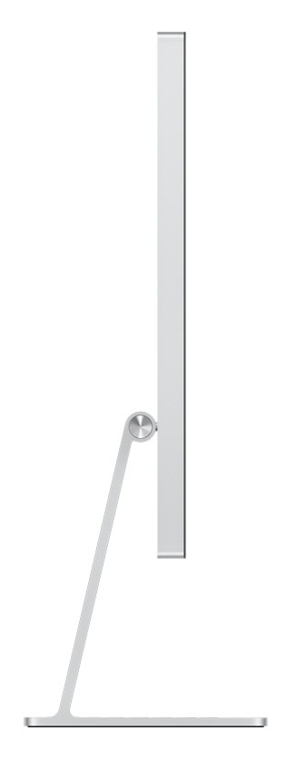 Widok z boku srebrnego monitora komputerowego. Ma cienki ekran, podstawkę i okrągły przegub. Tło jest białe.