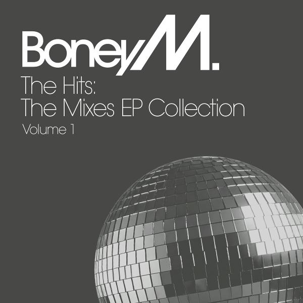 A Boney M. album borítója, egy diszkógömbbel. A szöveg a következő: "Boney M." és "The Hits: The Mixes EP Collection Volume 1".