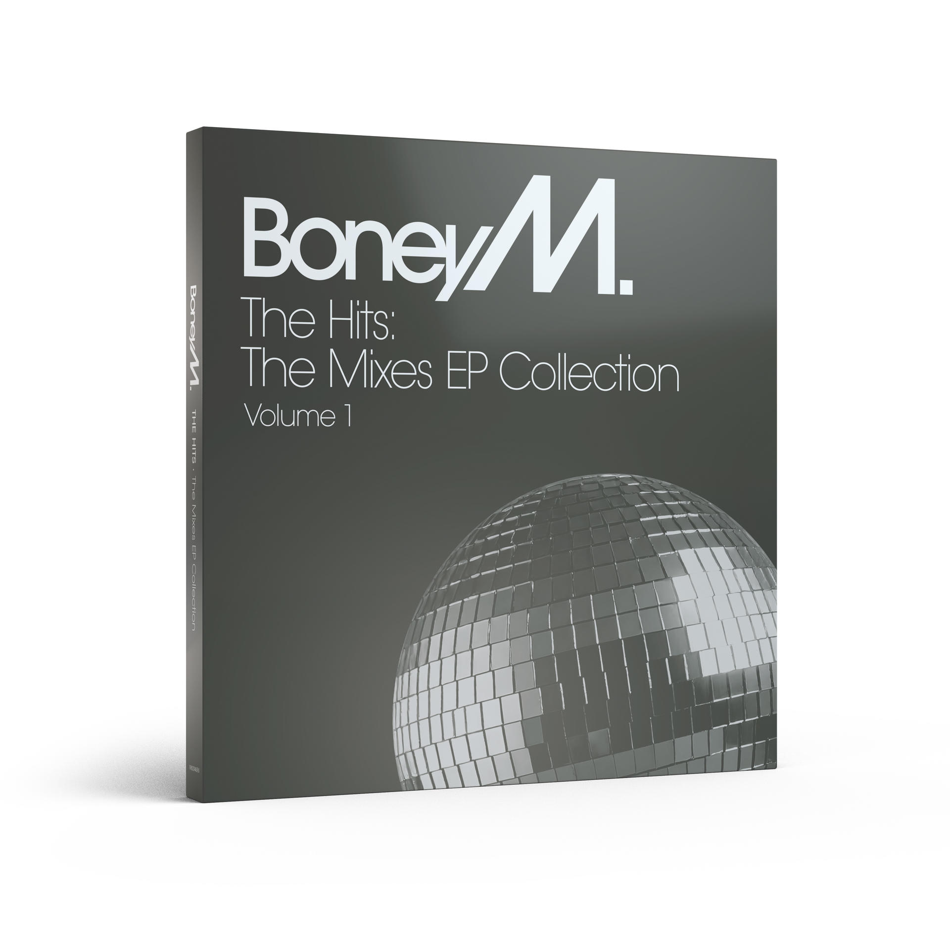 A Boney M. The Hits album borítója. Logóval és diszkógömbbel. Szürke háttér.
