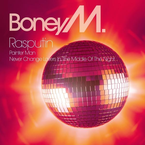 A Boney M. album borítója, egy diszkógömbbel. A szöveg tartalmazza a "Rasputin"-t és a dalfcímeket élénk rózsaszín és narancssárga háttéren.