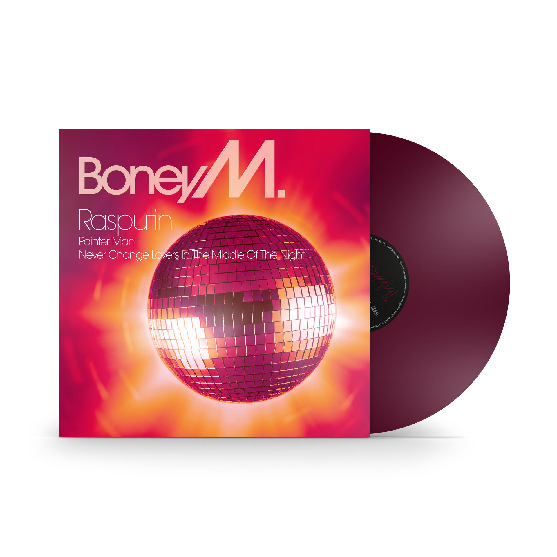 A Boney M Rasputin című albumának borítója. Egy diszkógömböt, az album címét és egy bakelit lemezt mutat.