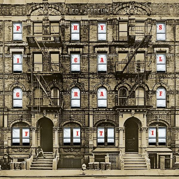 A Led Zeppelin Physical Graffiti című albumának borítója. Egy szépia tónusú épület, amelynek betűi a címét alkotják.