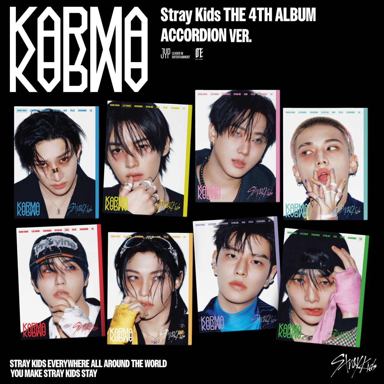 Poster für das Album 'Karma' von Stray Kids, das einzelne Porträts der Mitglieder mit dem Logo 'Karma' und dem Albumtitel zeigt.