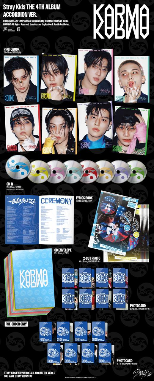 Album von Stray Kids mit Fotos und CDs. Enthält ein Songbuch, Fotokarten und mehr. Das Album ist schwarz mit dem Wort 'KOBMO'.