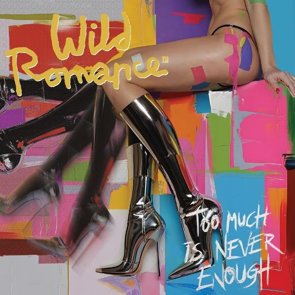 Frau in silbernen Stiefeln. Bunter Hintergrund mit Text "Wild Romance" und "Too much is never enough".