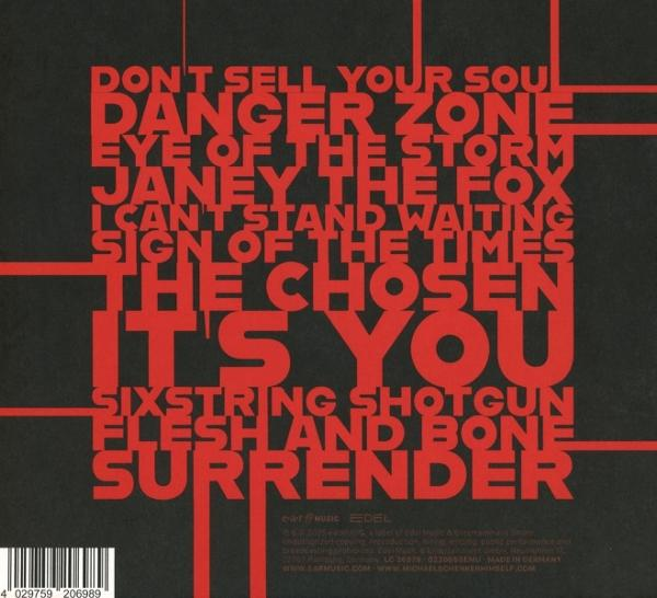 Albumcover mit rotem Text auf schwarzem Hintergrund. Zu den Titeln gehören "Danger Zone", "The Chosen" und "Surrender".