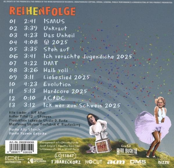 CD-Cover mit Titelliste, mit einem Mann mit TNT-Box und einer Frau in einer Marilyn-Monroe-Pose. Text ist auf Deutsch.
