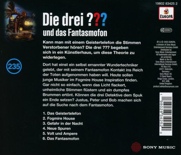 Albumcover mit dem Titel "Die drei ???" und Illustration einer Maschine. Text in Deutsch beschreibt die Geschichte.