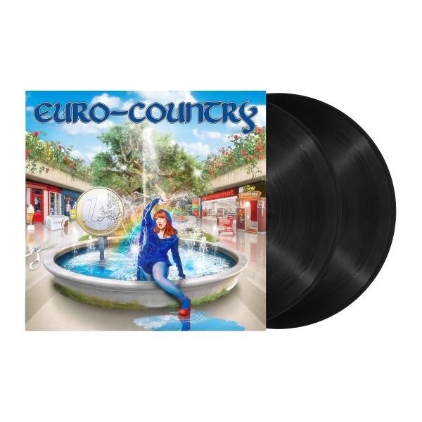 Albumcover: Frau im Springbrunnen, Euro-Münze, Einkaufszentrum, Vinylplatten. Titel: Euro-Country.