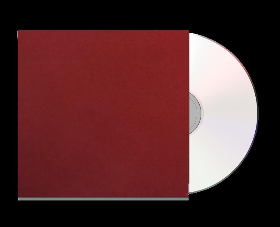 Eine CD, die teilweise in eine dunkelrote Hülle gesteckt ist. Die CD ist silberfarben mit reflektierender Oberfläche. Der Hintergrund ist schwarz.