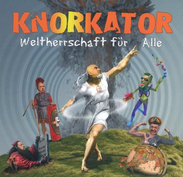 Poster mit Cartoonfiguren: römischer Soldat, Mann in Weiß, Alien und Mann auf Globus, Explosion im Hintergrund.